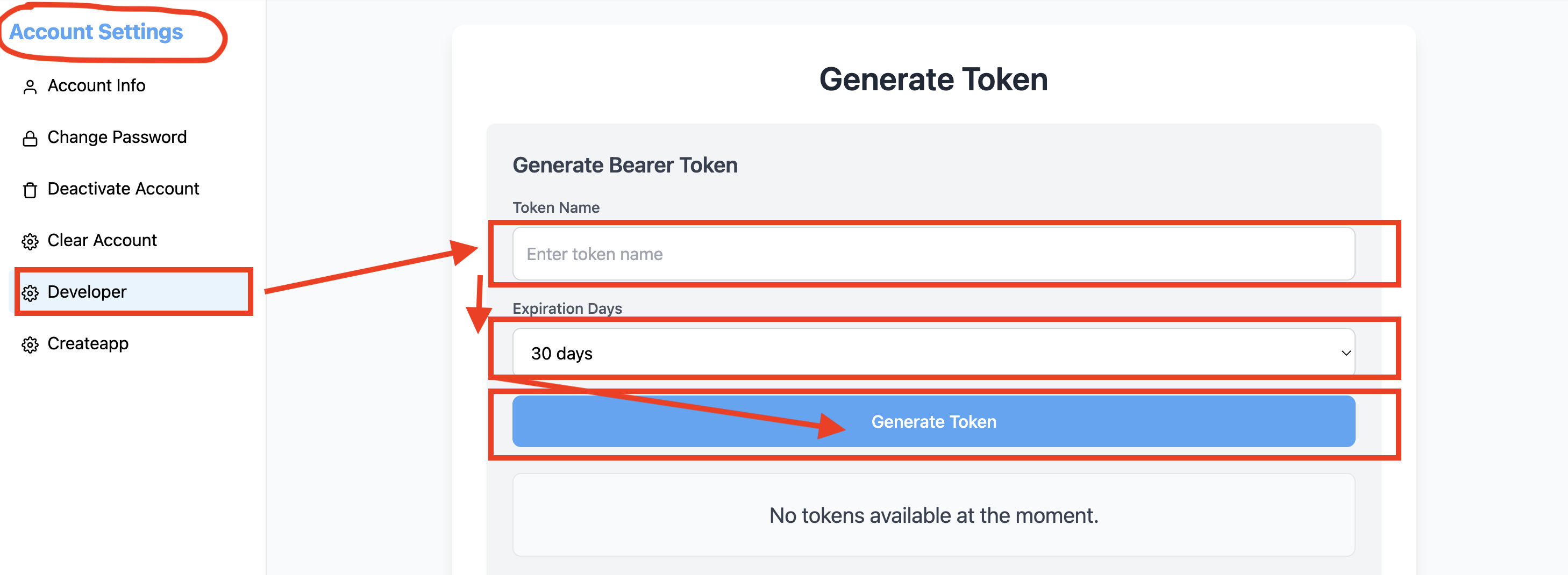Generate Bearer Token screen
